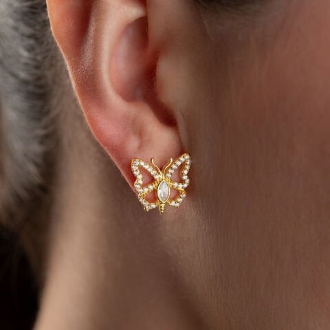 925 Ayar Gümüş Altın Kaplama Taşlı Kelebek Figürlü Küpe