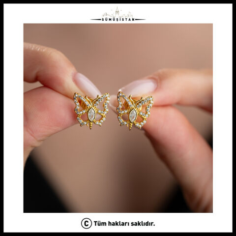 925 Ayar Gümüş Zirkon Taşlı Kelebek Küpe – Gold Renk Kadın Küpe
