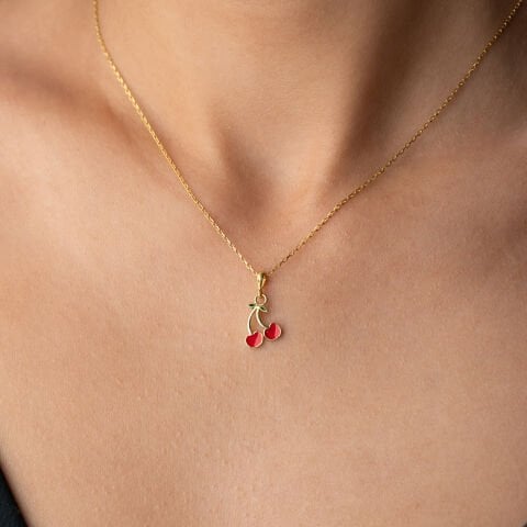 925 Ayar Gümüş Altın Kaplama Minimalist Kiraz Figürlü Kolye
