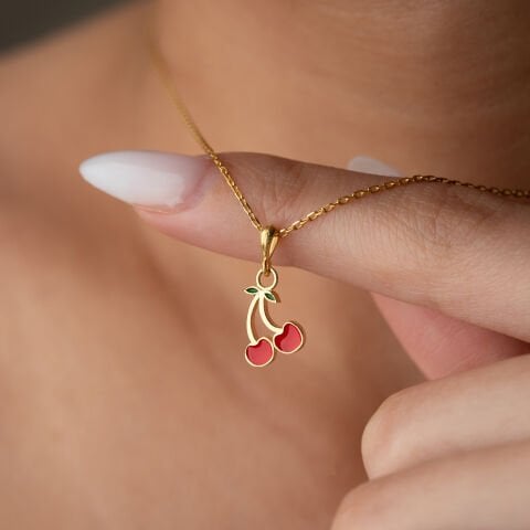 925 Ayar Gümüş Altın Kaplama Minimalist Kiraz Figürlü Kolye