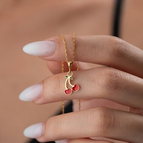 925 Ayar Gümüş Altın Kaplama Minimalist Kiraz Figürlü Kolye