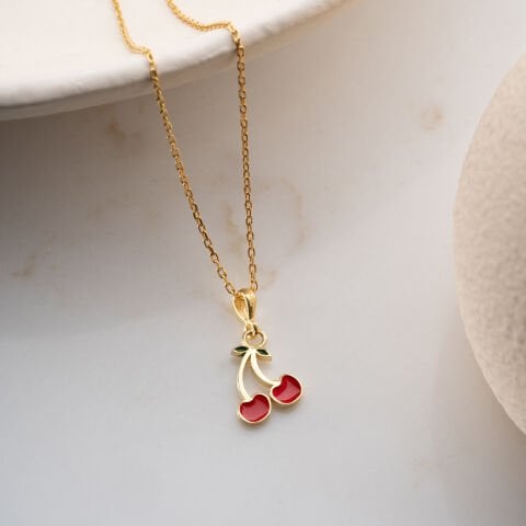 925 Ayar Gümüş Altın Kaplama Minimalist Kiraz Figürlü Kolye