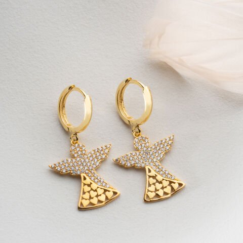 925 Ayar Gümüş Altın Kaplama Taşlı Melek Figürlü Sallantılı Halka Küpe