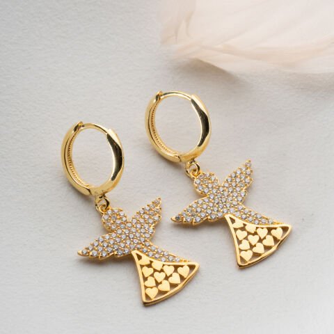 925 Ayar Gümüş Altın Kaplama Taşlı Melek Figürlü Sallantılı Halka Küpe