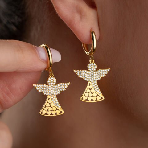 925 Ayar Gümüş Altın Kaplama Taşlı Melek Figürlü Sallantılı Halka Küpe