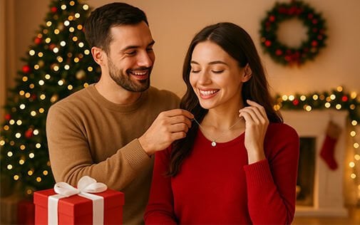 Yeni yıl hediyesi kolyeyi eşine takan adam