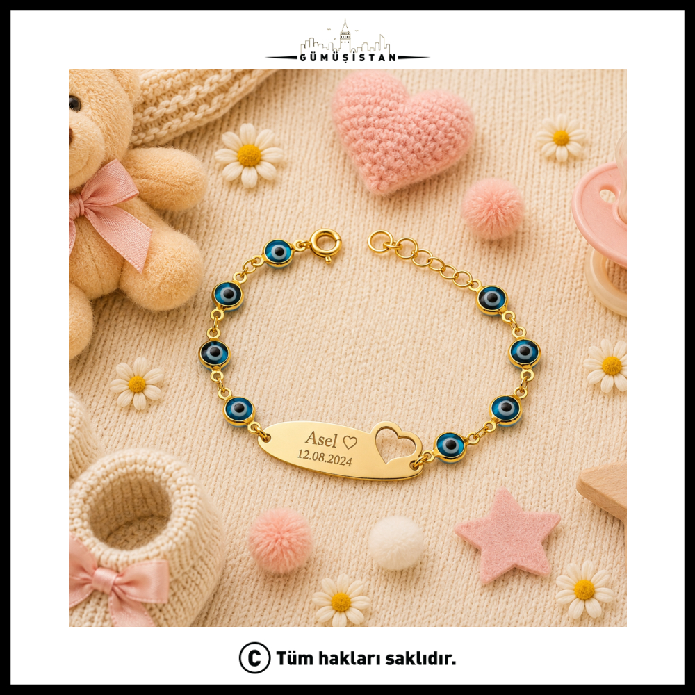 Personalized Name & Date Evil Eyelu Baby Kids' Bracelet Gold Plated