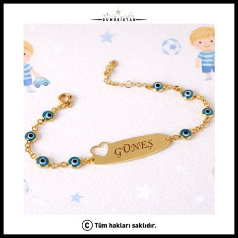 14 Ayar Altın Kaplama Kişiye Özel Nazar Boncuklu Çocuk Bileklik