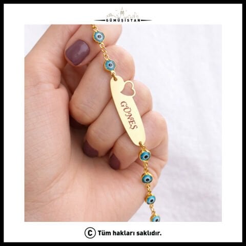 14 Ayar Altın Kaplama Kişiye Özel Nazar Boncuklu Çocuk Bileklik