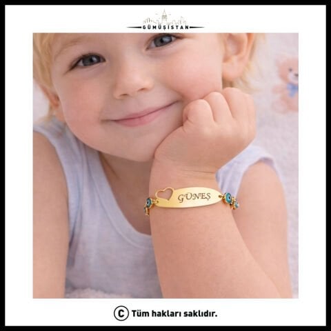 14 Ayar Altın Kaplama Kişiye Özel Nazar Boncuklu Çocuk Bileklik