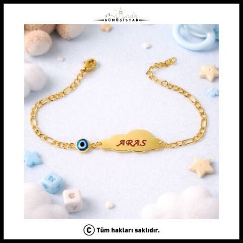 14 Ayar Altın Kaplama Kişiye Özel Bulut Figürlü Nazarlı Çocuk Bileklik