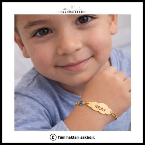 14 Ayar Altın Kaplama Kişiye Özel Bulut Figürlü Nazarlı Çocuk Bileklik