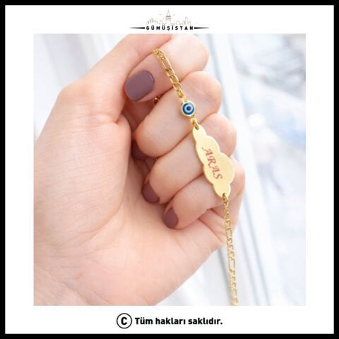 14 Ayar Altın Kaplama Kişiye Özel Bulut Figürlü Nazarlı Çocuk Bileklik