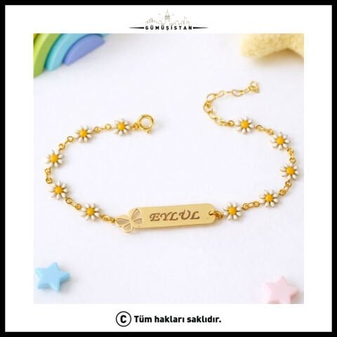 14 Ayar Altın Kaplama Kişiye Özel Papatya Figürlü Çocuk Bileklik