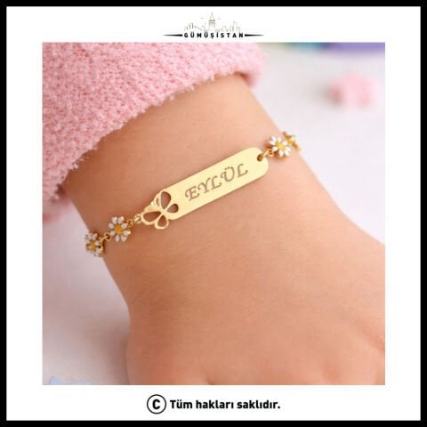 14 Ayar Altın Kaplama Kişiye Özel Papatya Figürlü Çocuk Bileklik