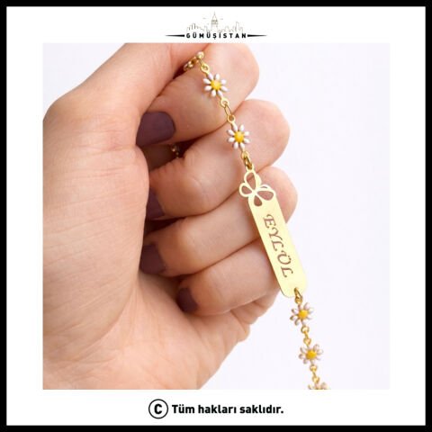14 Ayar Altın Kaplama Kişiye Özel Papatya Figürlü Çocuk Bileklik