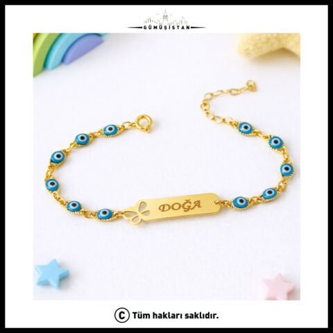 14 Ayar Altın Kaplama Kişiye Özel Kelebek Figürlü Nazar Boncuklu Çocuk Bileklik