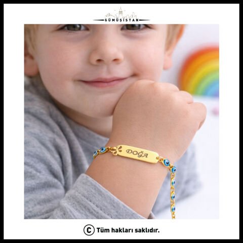 14 Ayar Altın Kaplama Kişiye Özel Kelebek Figürlü Nazar Boncuklu Çocuk Bileklik