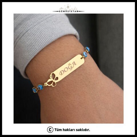 14 Ayar Altın Kaplama Kişiye Özel Kelebek Figürlü Nazar Boncuklu Çocuk Bileklik