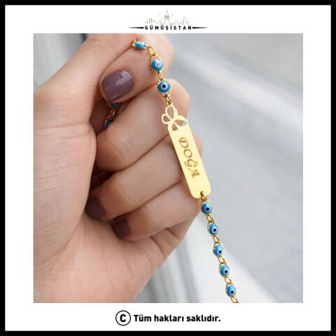 14 Ayar Altın Kaplama Kişiye Özel Kelebek Figürlü Nazar Boncuklu Çocuk Bileklik