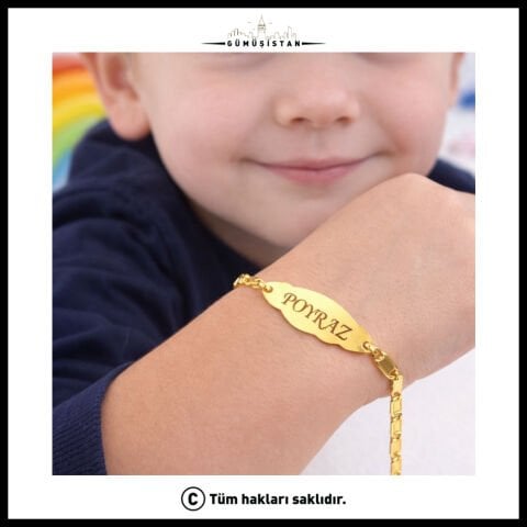 Kişiye Özel İsimli Nazar Boncuklu Çocuk Bilekliği – Altın Kaplama Bebek Künyesi