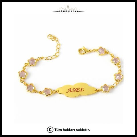 14 Ayar Altın Kaplama Kişiye Pembe Yıldız Taşlı Çocuk Bileklik
