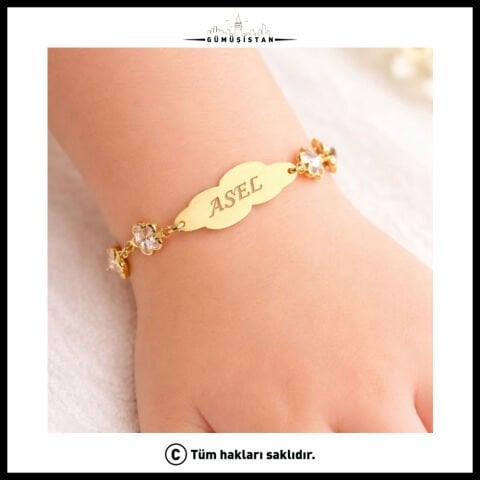 14 Ayar Altın Kaplama Kişiye Pembe Yıldız Taşlı Çocuk Bileklik