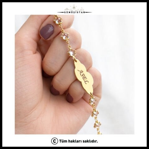 14 Ayar Altın Kaplama Kişiye Pembe Yıldız Taşlı Çocuk Bileklik