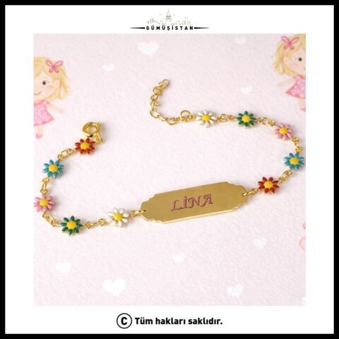 14 Ayar Altın Kaplama Kişiye Renkli Papatya Figürlü Çocuk Bileklik