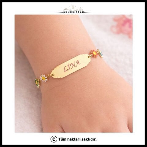 14 Ayar Altın Kaplama Kişiye Renkli Papatya Figürlü Çocuk Bileklik