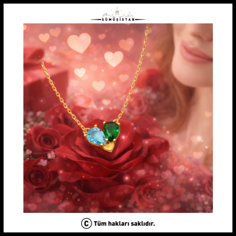 14 Ayar Altın Kaplama Doğum Taşlı Kalp Kolye