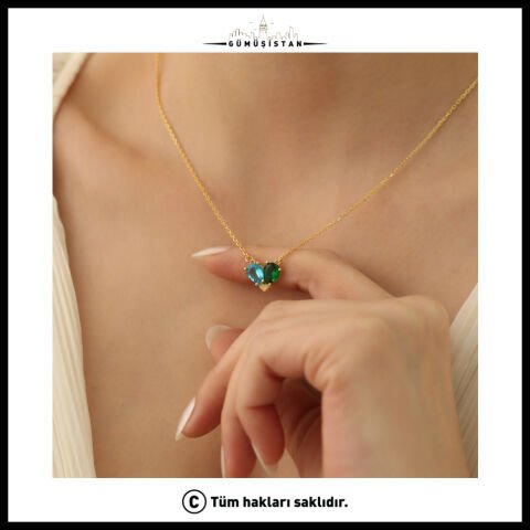 14 Ayar Altın Kaplama Doğum Taşlı Kalp Kolye