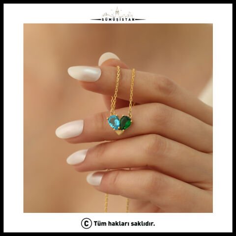 14 Ayar Altın Kaplama Doğum Taşlı Kalp Kolye