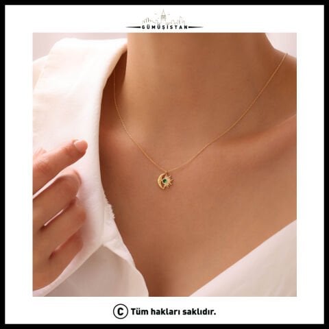 14 Ayar Altın Kaplama Gece&Gündüz Ay Taşı Kolye