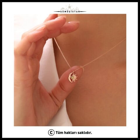 14 Ayar Altın Kaplama Gece&Gündüz Ay Taşı Kolye