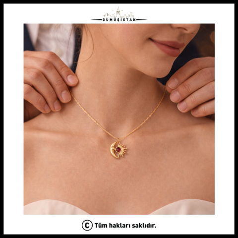 14 Ayar Altın Kaplama Gece&Gündüz Ay Taşı Kolye