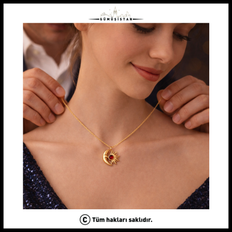 14 Ayar Altın Kaplama Gece&Gündüz Ay Taşı Kolye