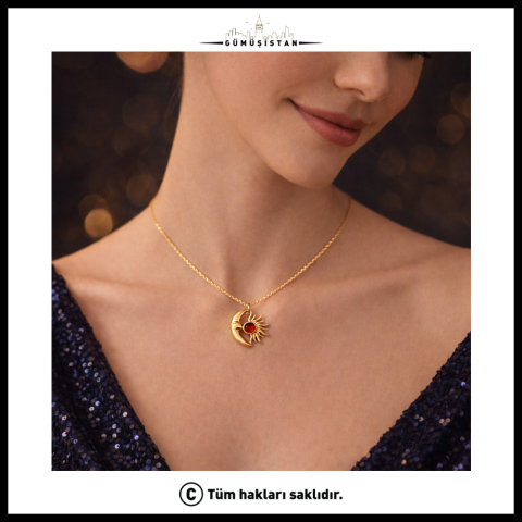 14 Ayar Altın Kaplama Gece&Gündüz Ay Taşı Kolye