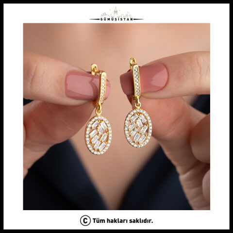 925 Ayar Gümüş Baget Taşlı Oval Sallantılı Halka Kadın Küpe