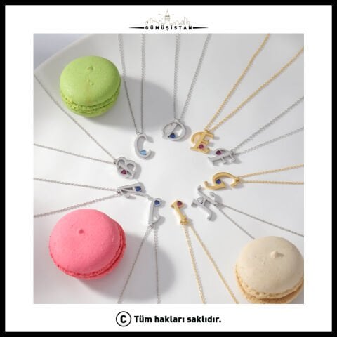 14 Ayar Altın Kaplama Bujiteri Doğum Taşlı Kıvrımlı Harf Kolye