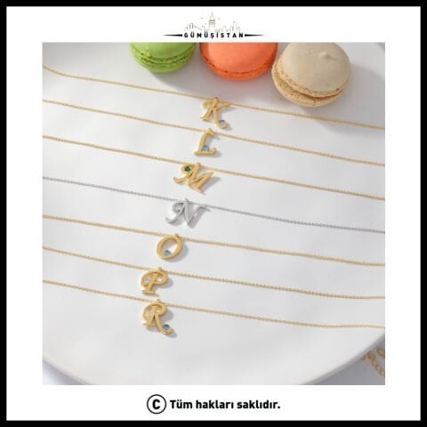 14 Ayar Altın Kaplama Bujiteri Doğum Taşlı Kıvrımlı Harf Kolye