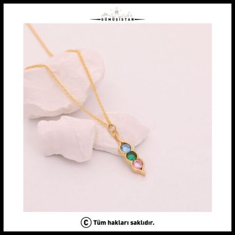 14 Ayar Altın Kaplama Bujiteri Kişiselleştirilebilir Bezelye Figürlü Doğum Taşı Kolyesi