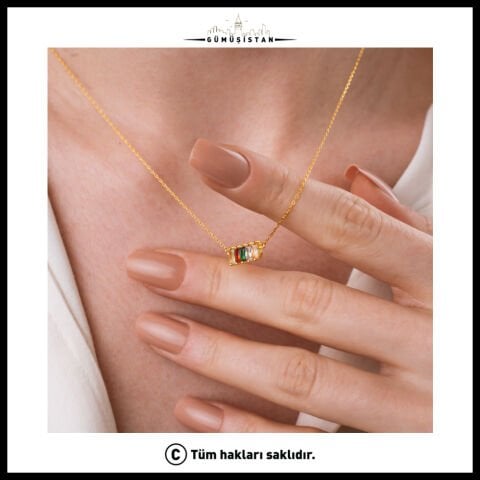 14 Ayar Altın Kaplama Bujiteri Yan Yana Baget Taşlı Doğum Taşı Kolyesi