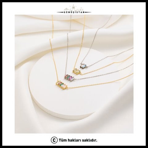 14 Ayar Altın Kaplama Bujiteri Yan Yana Baget Taşlı Doğum Taşı Kolyesi
