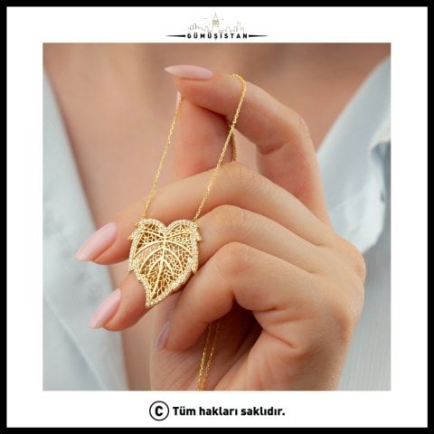 925 Ayar Gümüş Yaprak Kolye – Zirkon Taşlı Hayat Yaprağı Kadın Kolyesi