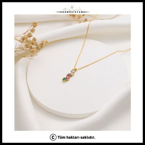 14 Ayar Altın Kaplama Bujiteri Asimetrik Yuvarlak Modern Doğum Taşı Kolyesi