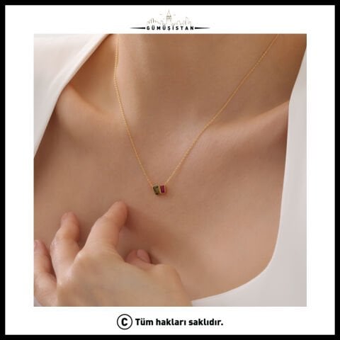 14 Ayar Altın Kaplama Kişiye Özel Çift Baget Doğum Taşlı Bujiteri Kolye