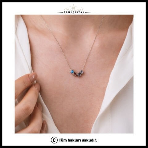 14 Ayar Altın Kaplama Kişiye Özel Kare Doğum Taşlı Bujiteri Kolye