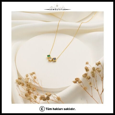 14 Ayar Altın Kaplama Kişiye Özel Kare Doğum Taşlı Bujiteri Kolye