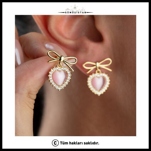 925 Ayar Gümüş Fiyonk Detaylı Pembe Kalp Taşlı Sallantılı Kadın Küpe